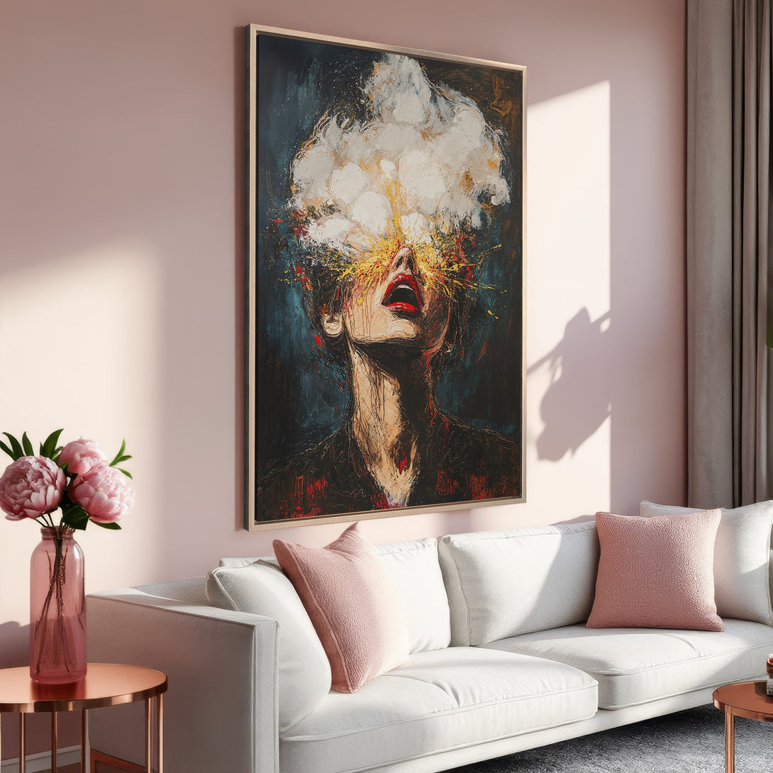 Framed Wall Art: Abstract expressionist canvas print in a modern interior. Features a woman's face with a dark, moody palette and pops of red and yellow.