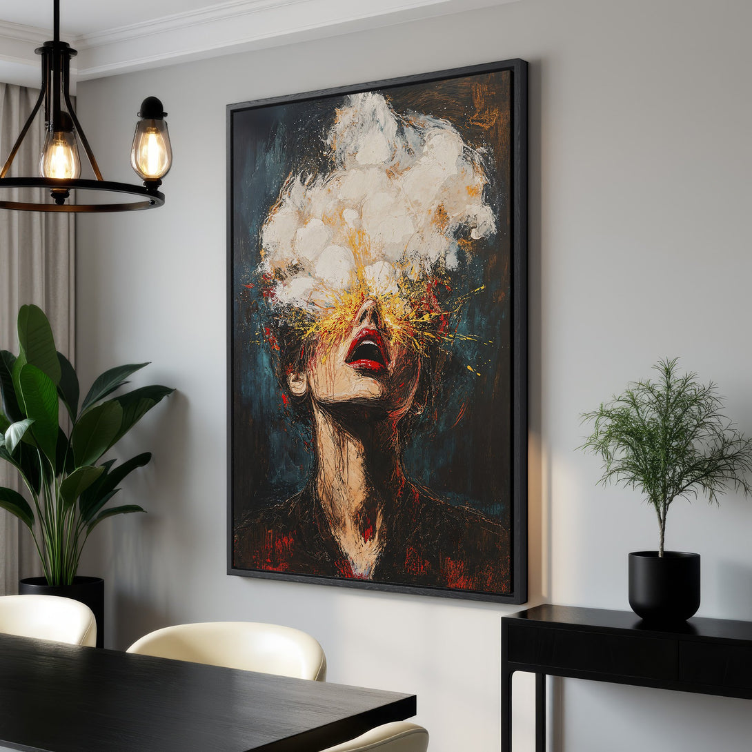 Framed Wall Art: Abstract portrait canvas print with a dark, moody color palette and expressive brushstrokes. Elevate your space with this unique artwork!