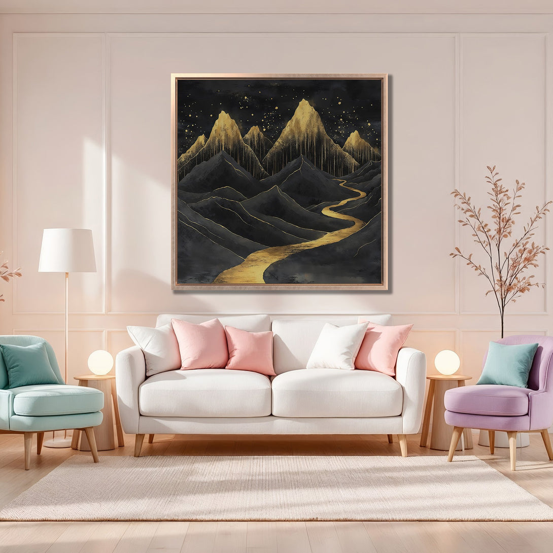 Framed Wall Art: Abstract mountain landscape in gold and black. Modern art print with a luxurious, elegant style. Perfect for adding a touch of sophistication.