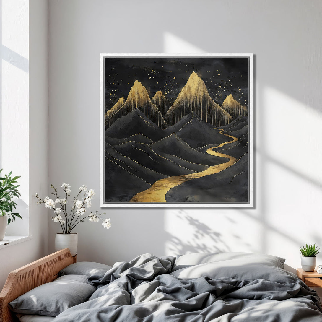 Framed Wall Art: Abstract mountain landscape in gold and black. Modern canvas print adds a touch of elegance to any bedroom. Shop now!