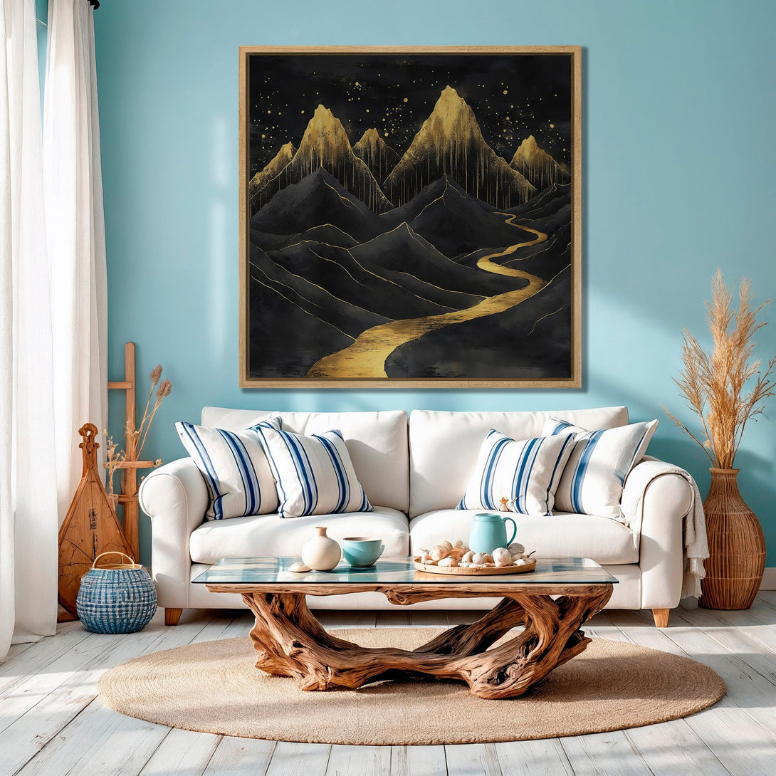 Framed Wall Art: Abstract mountain landscape in gold and black. Modern canvas print adds a touch of luxury to any room. Shop now and elevate your space!