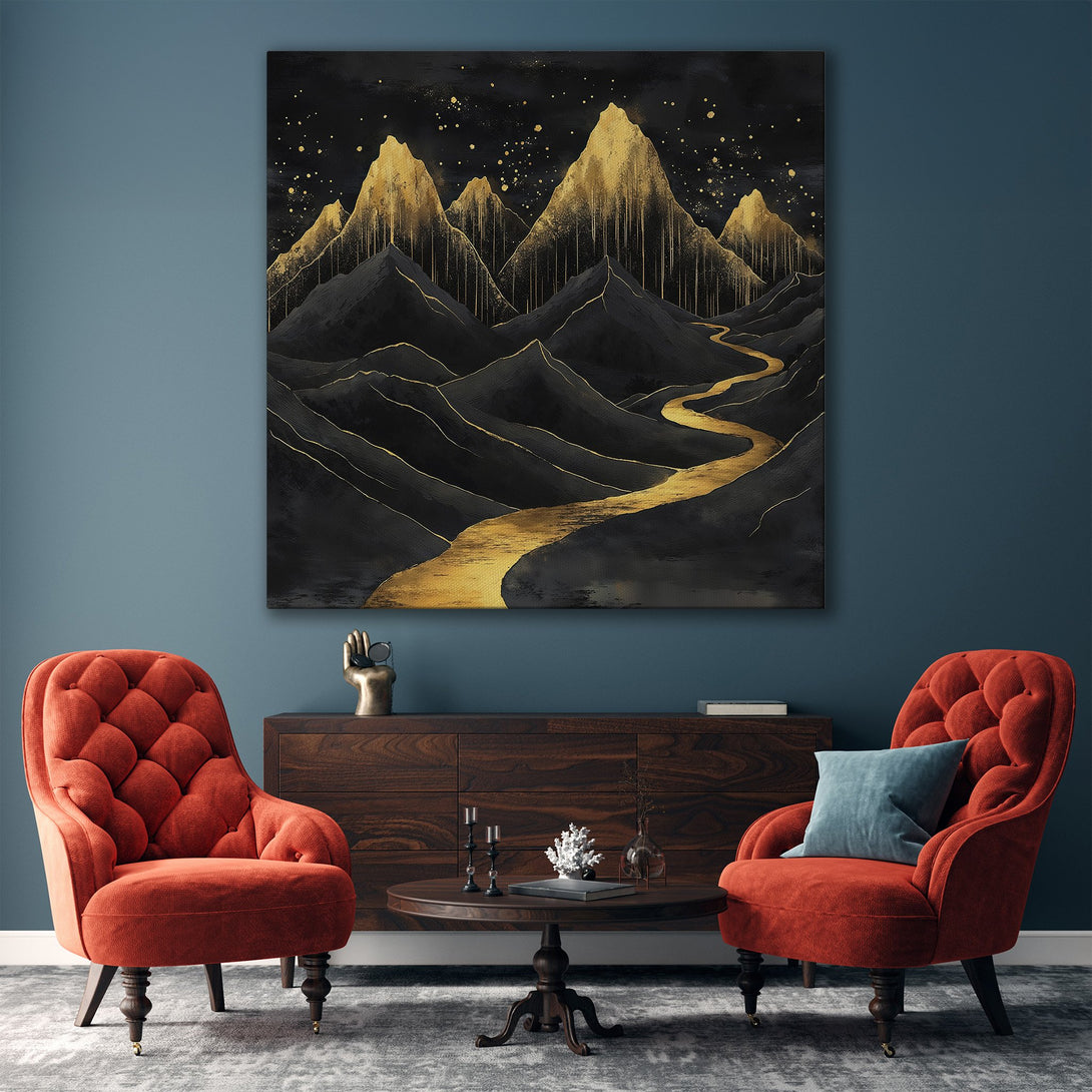 Framed Wall Art featuring a gold and black mountain landscape painting. Modern abstract style with a luxurious gold and dark color palette, perfect for home decor.