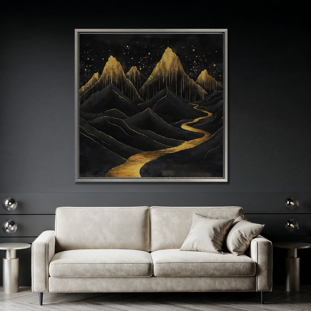 Framed Wall Art: Abstract mountain landscape in black and gold. Modern art print with a luxurious, minimalist style. Perfect for living room decor.