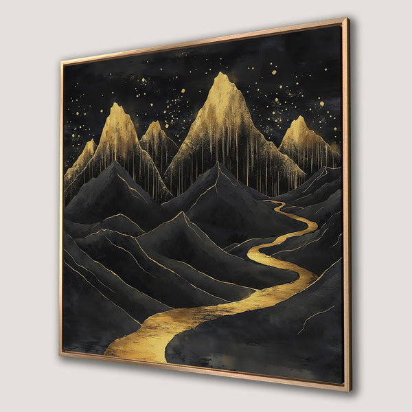 Framed Wall Art featuring a stunning gold and black mountain landscape. Modern art style with a luxurious, elegant color palette. Perfect for home decor!