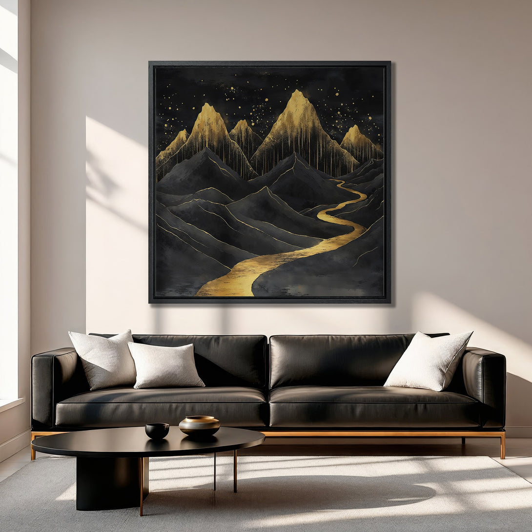 Framed Wall Art featuring abstract mountain landscape in black & gold. Modern art Canvas Print adds a touch of elegance to any interior.