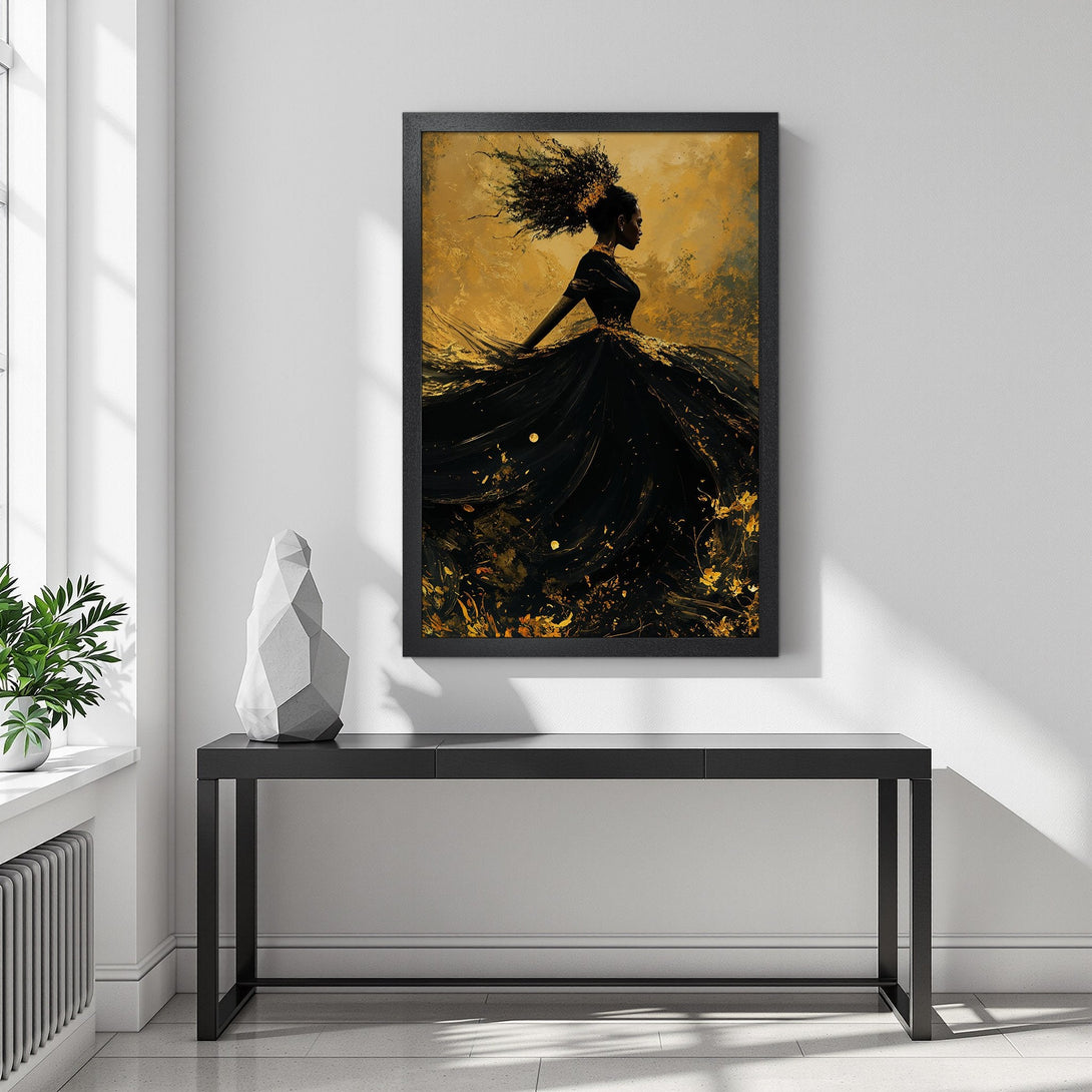Framed Poster featuring a woman in a black dress, abstract style, gold and black color palette. Elevate your space with this art!