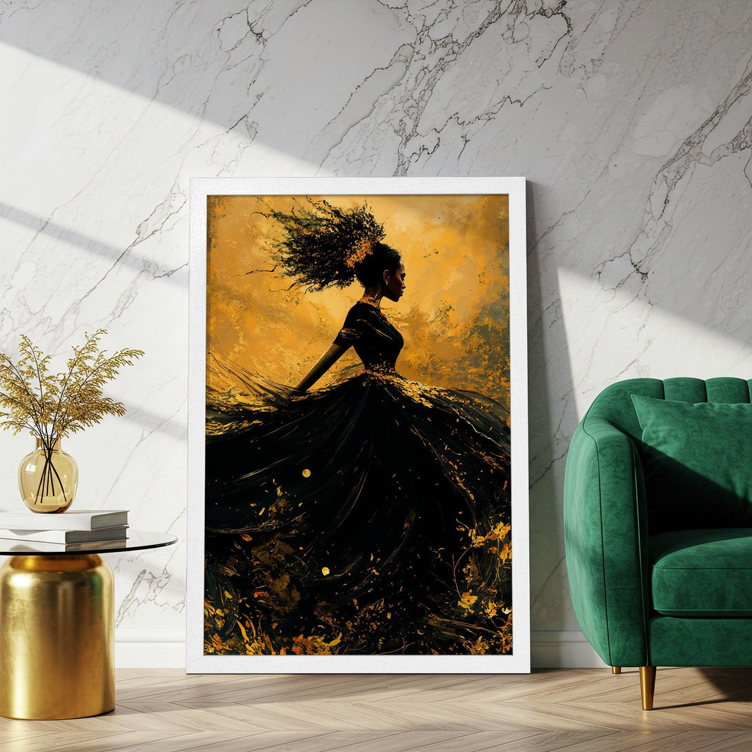 Framed Poster: Abstract art of a woman in a black dress, gold and black color palette. Perfect wall decor for your home.