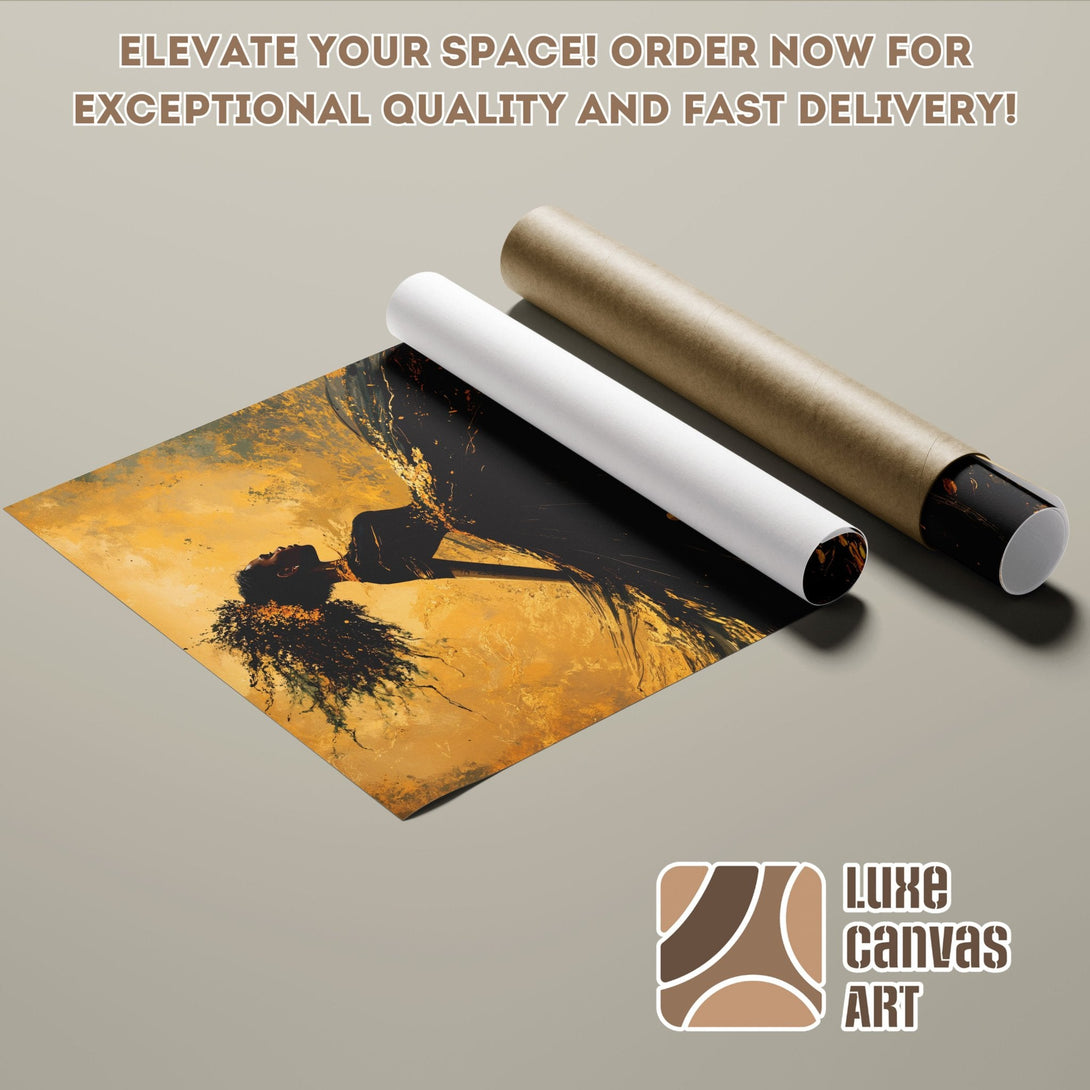Abstract art poster roll with gold and black tones. Elevate your space with this stunning Poster!