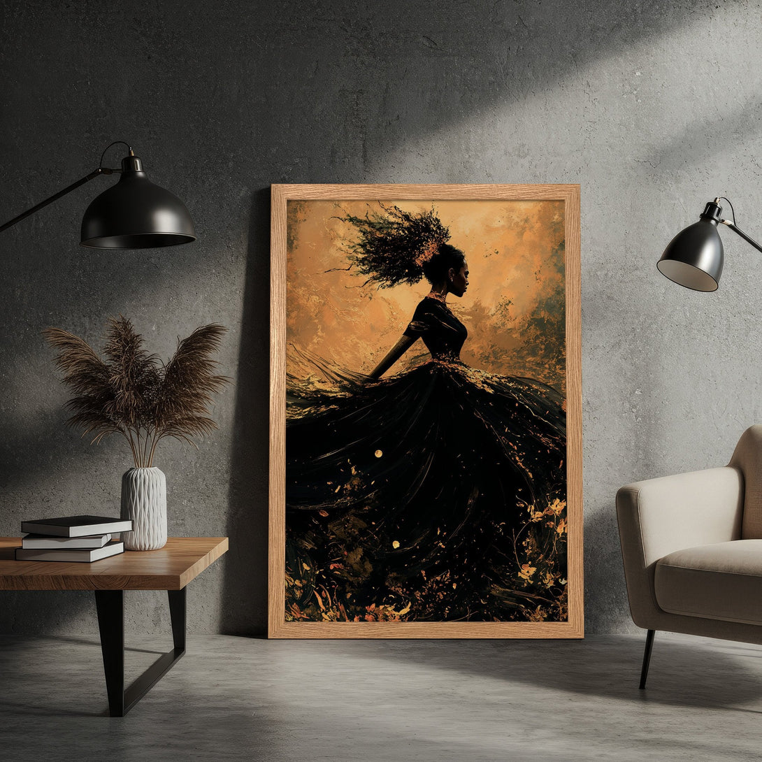 Framed Poster featuring an elegant woman in a flowing dress. Artistic style with a warm, golden color palette. Perfect wall art for your home.