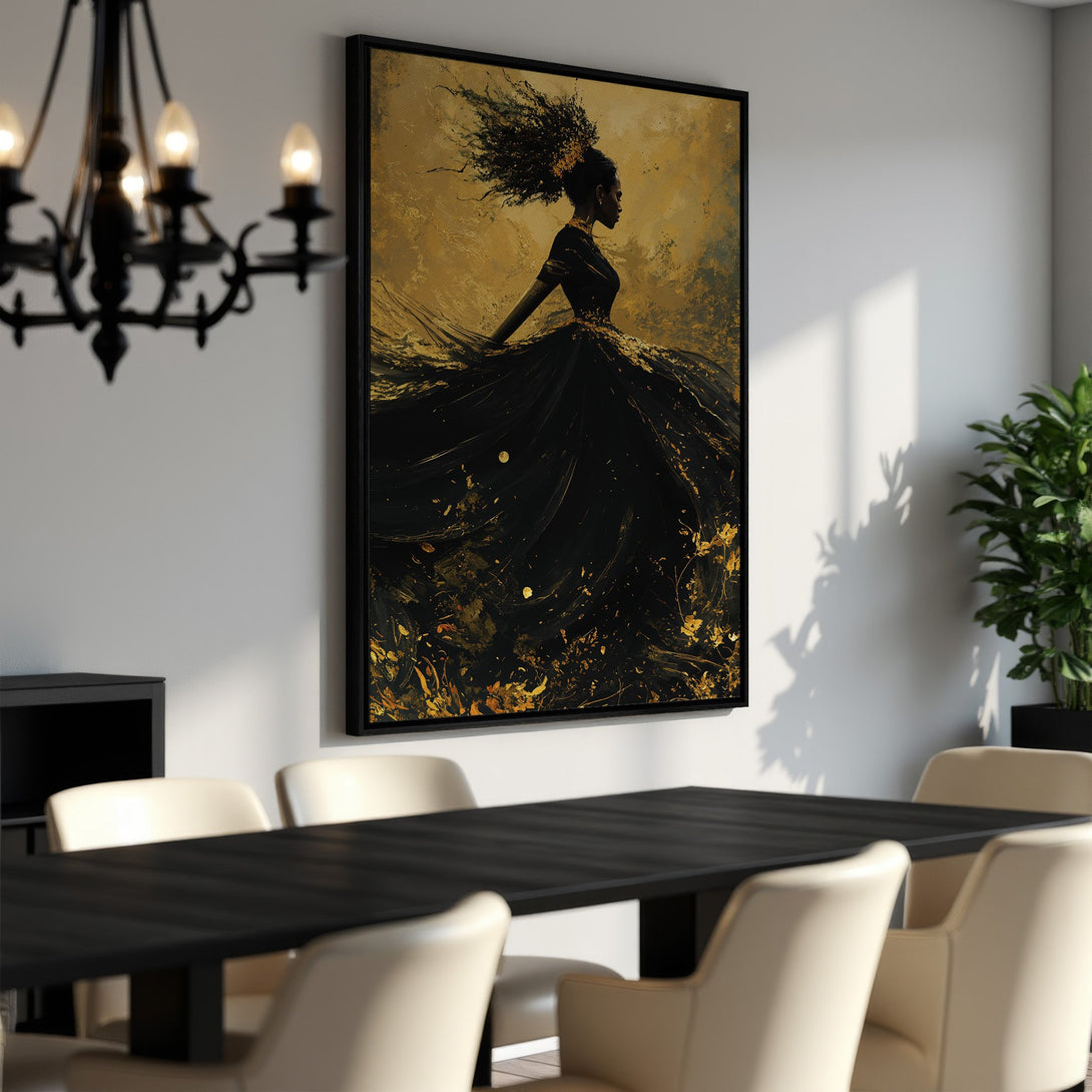 Framed Wall Art: Abstract portrait of a woman in black dress with gold accents. Elegant decor in a dining room. Gold and black color palette.