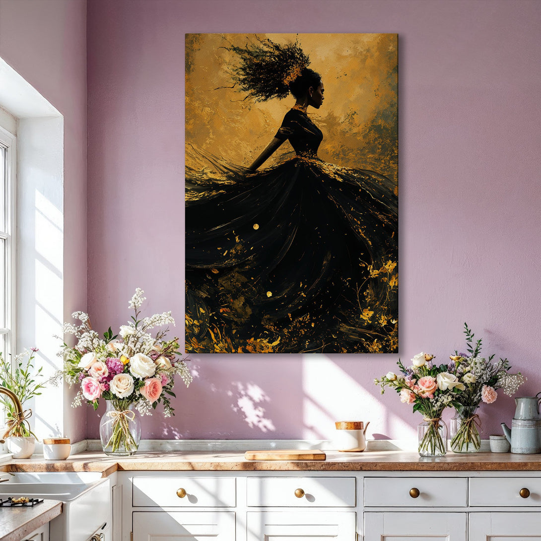 Framed Wall Art: Abstract woman in a black dress, gold and black color palette. Modern art for home decor. Canvas Print ready to hang.