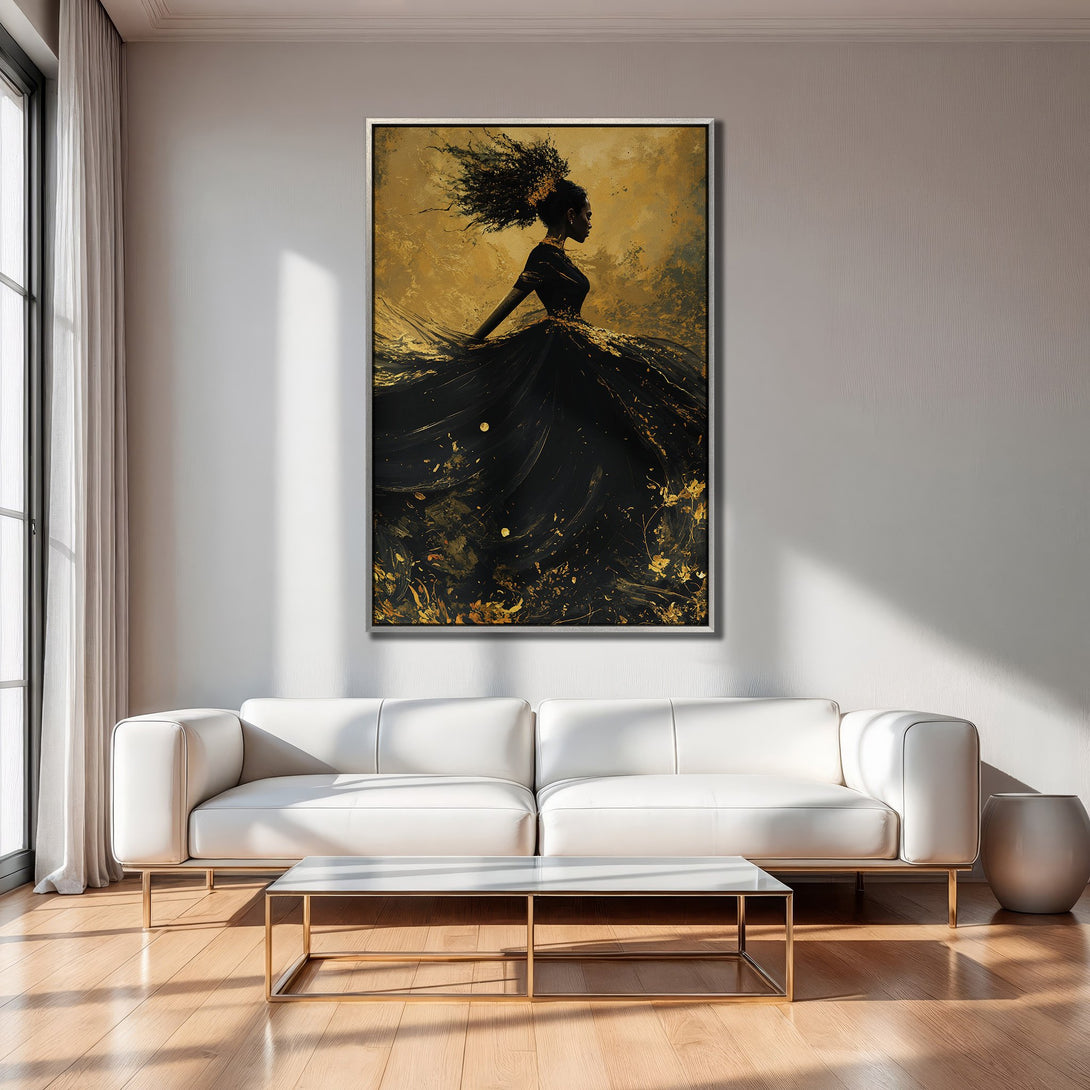 Framed Wall Art featuring an elegant woman in black and gold, abstract style. Adds a touch of luxury to any space.