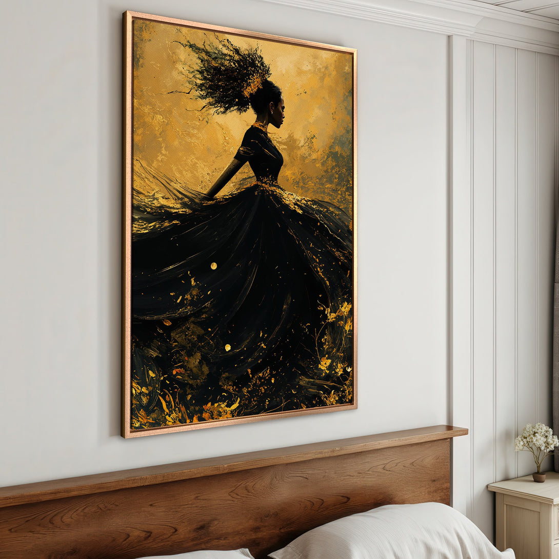 Framed Wall Art of elegant woman in black dress, abstract style, gold and black color palette, perfect for bedroom decor.