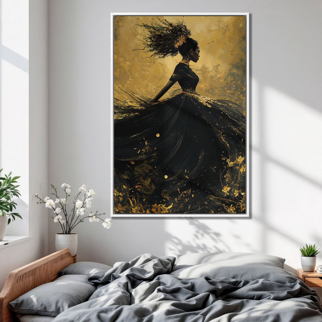 Framed Wall Art: Elegant woman in black gown with gold accents. Abstract style, rich black & gold color palette. Perfect for bedroom decor.