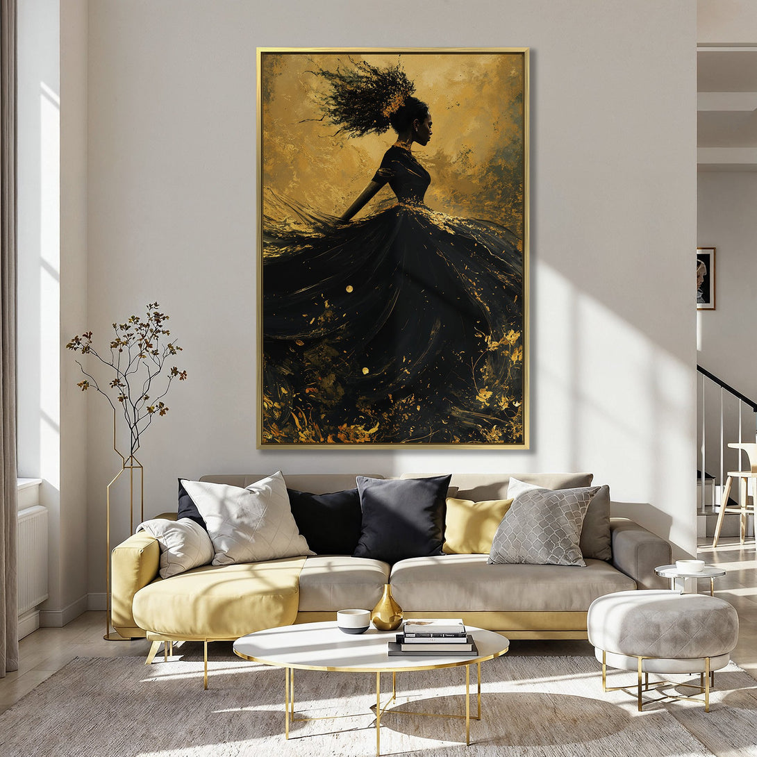 Canvas Print of a woman in a black dress with gold accents. Abstract art style with a gold and black color palette. Perfect for wall decor.