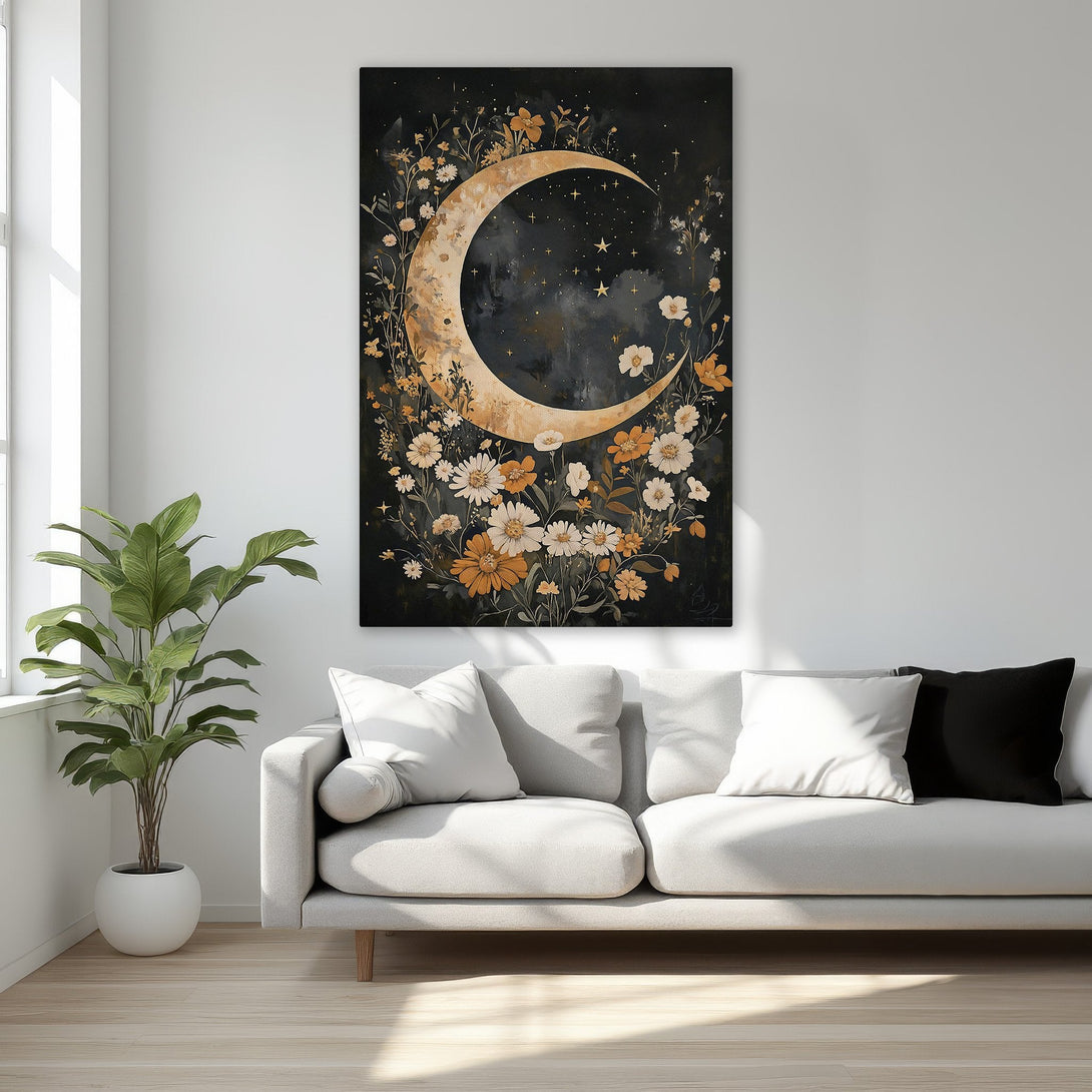 Framed Wall Art: Celestial moon and floral design in a dark, moody palette. Adds a touch of elegance to any bedroom. Shop this stunning Canvas Print today!