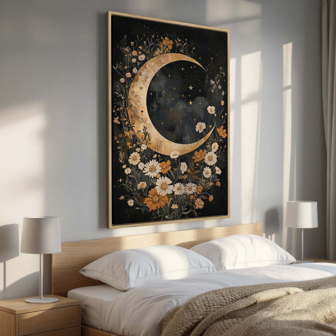 Framed Wall Art: Celestial moon and floral design in warm gold and black. Perfect bedroom decor for a touch of bohemian style.