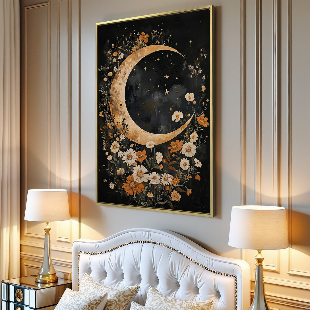 Canvas Print featuring a celestial moon and floral design in a dark, moody palette with gold and white accents. Perfect wall art!