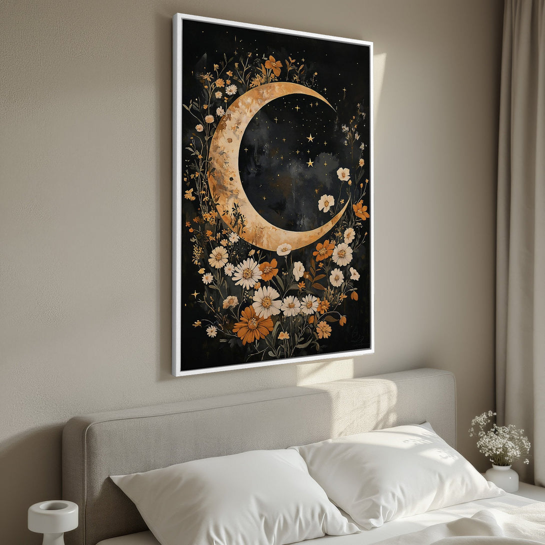 Framed Wall Art featuring a celestial moon and floral design in a warm, inviting color palette. Perfect for adding a touch of boho style to your bedroom.