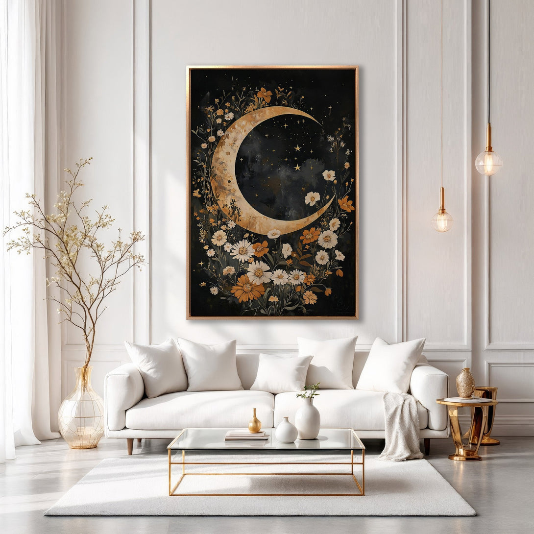 Framed Wall Art: Celestial moon and floral design in gold and black, adding a touch of bohemian elegance to any living space. Shop now!
