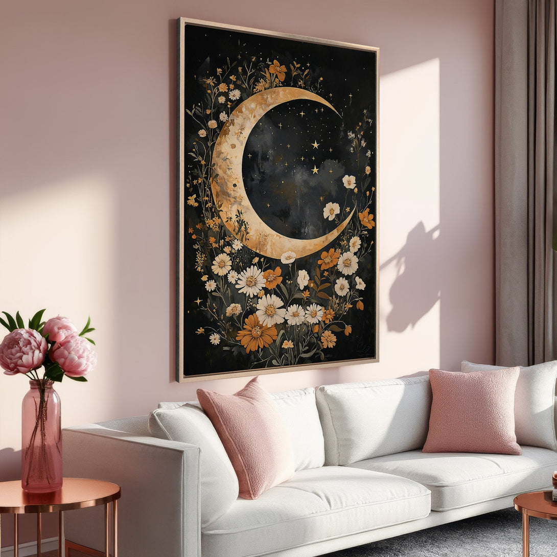 Framed Wall Art: Celestial moon and floral design in a warm, earthy color palette. Perfect for adding a touch of bohemian style to your living room.