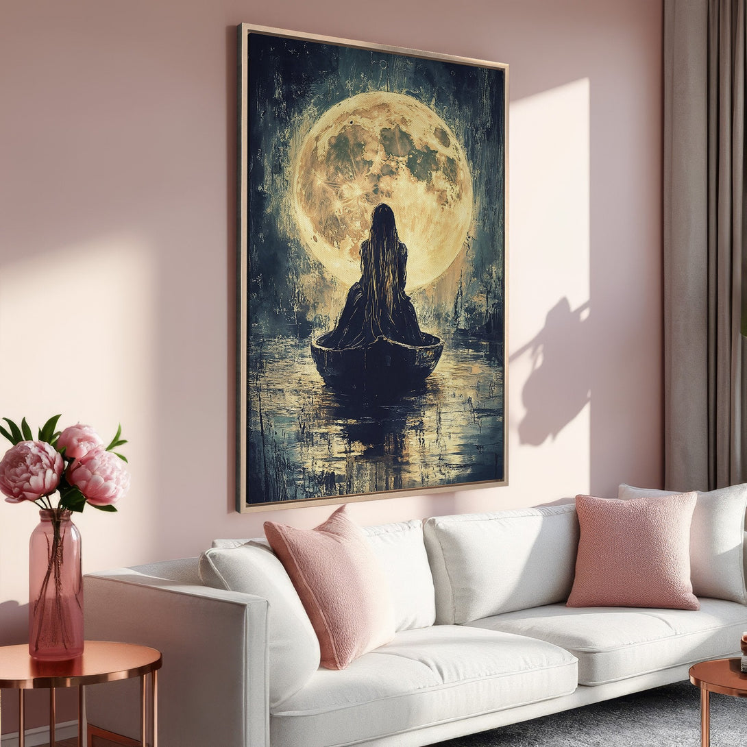 Framed Wall Art: Moody painting of woman in boat before a moon. Dark blue, gold, and neutral tones. Perfect for adding a touch of mystery to your home.