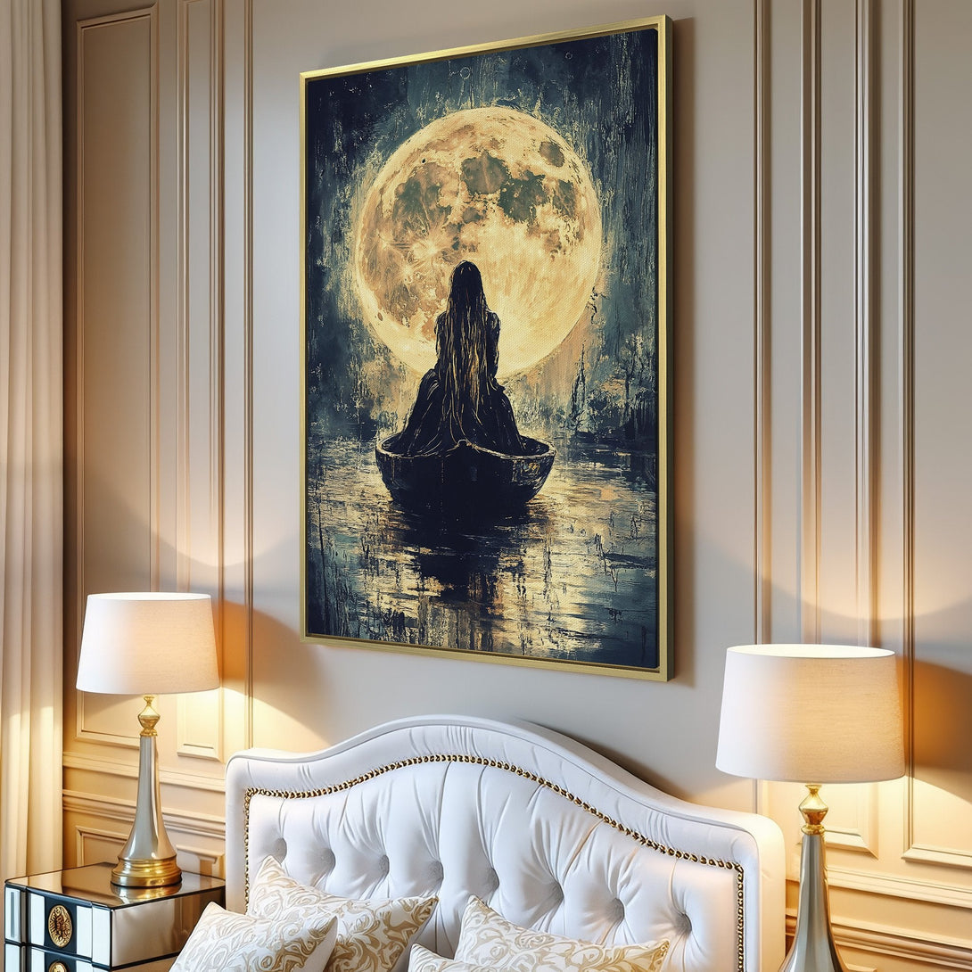 Canvas Print of a woman in a boat before a moon, moody art. Featuring a dark blue, gold, and neutral color palette. Perfect for home decor.