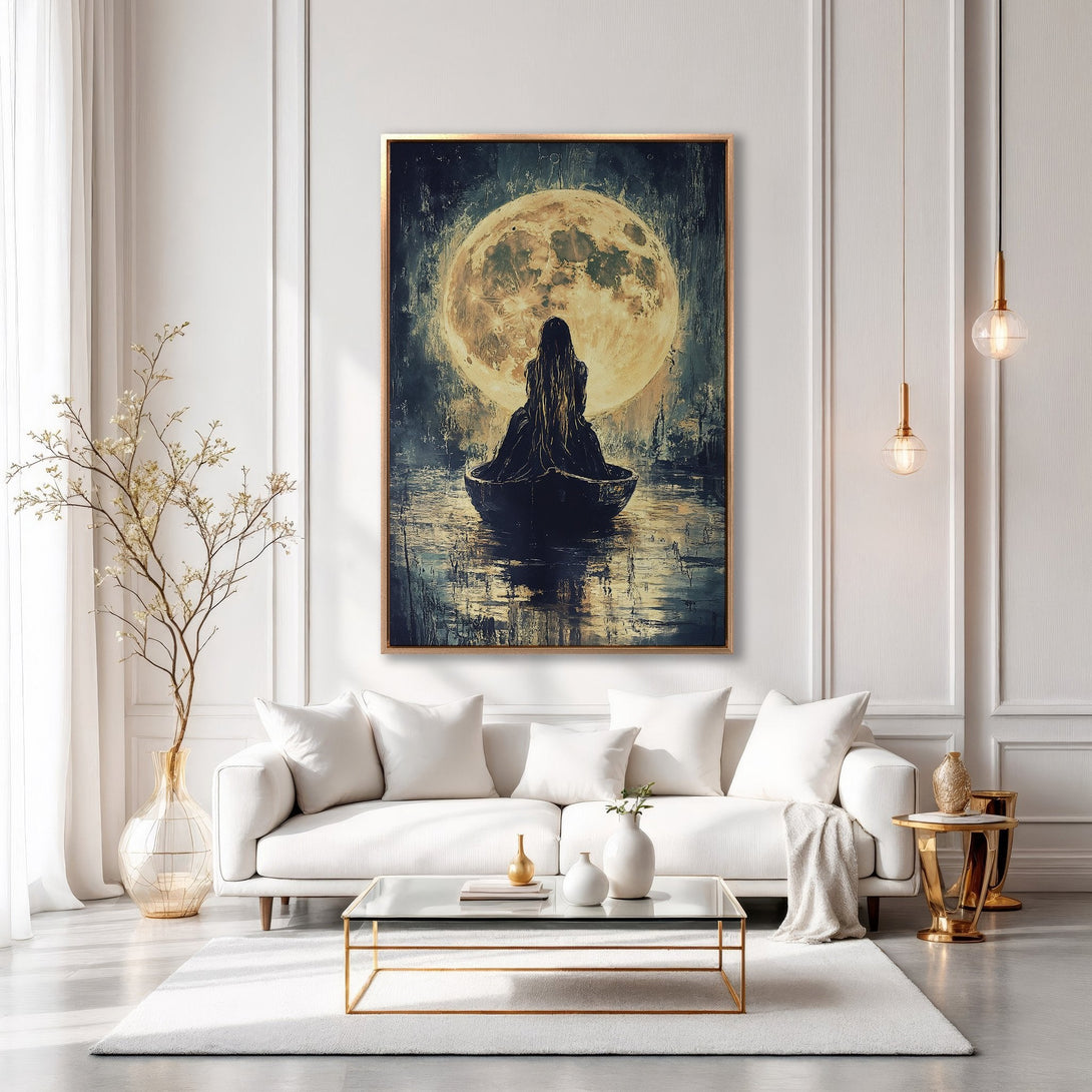 Framed Wall Art: Mystical moonlit scene with a woman in a boat. Moody, artistic style in a dark blue, gold, and beige palette. Perfect for modern decor.