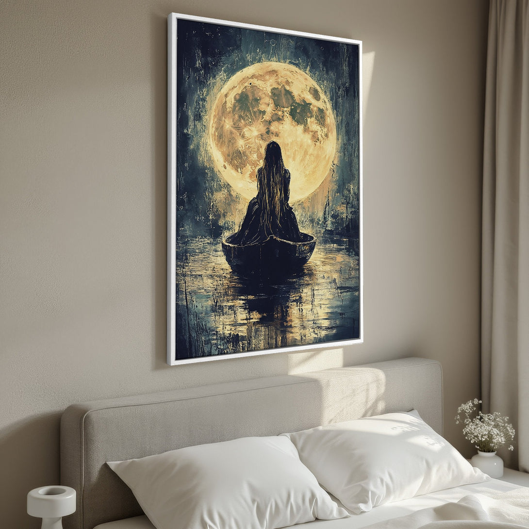 Framed Wall Art featuring a woman in a boat before a moon, in a moody, painterly style with a dark blue and gold palette. Perfect for adding a touch of mystery.