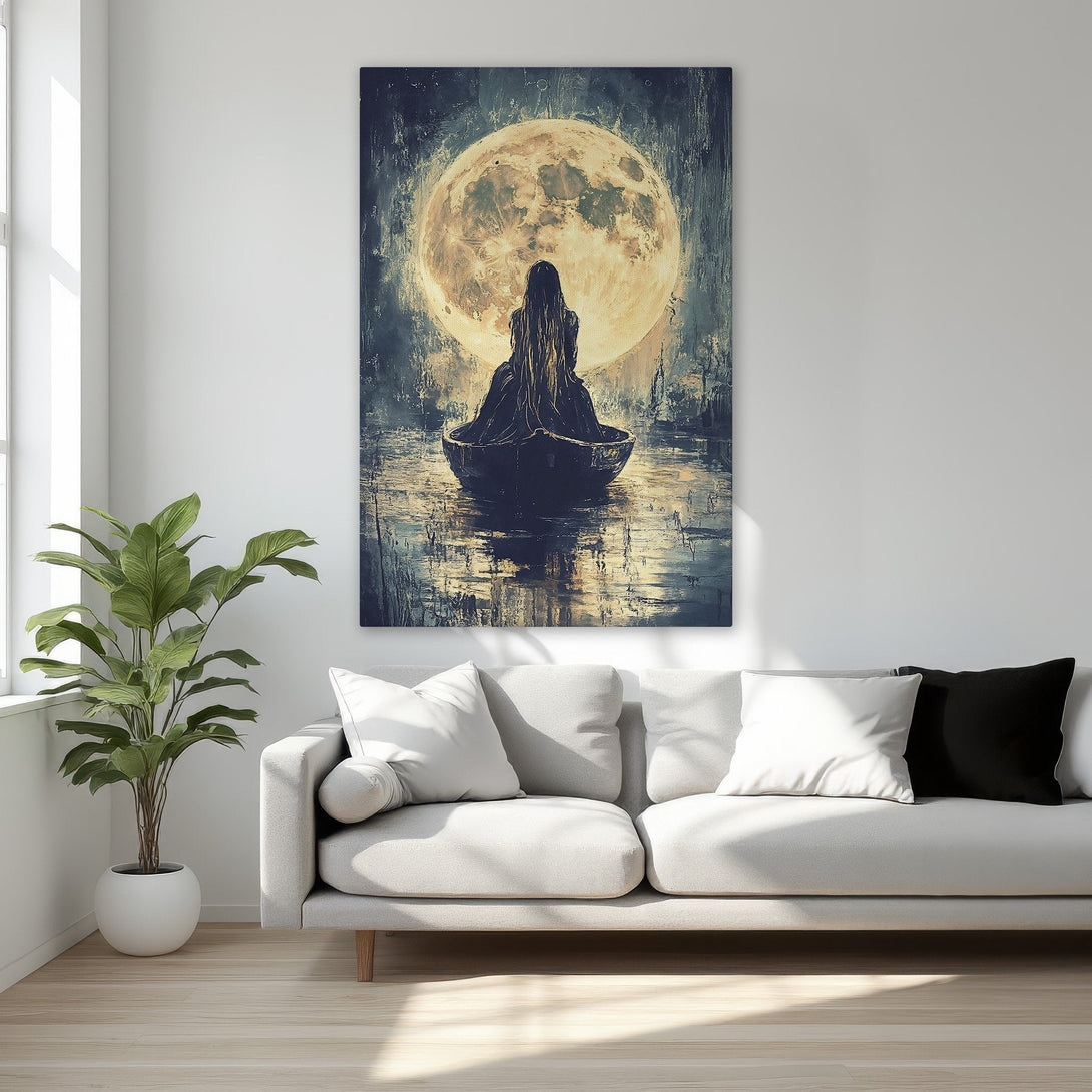 Framed Wall Art: Moody artwork of a woman in a boat before a moon, in a dark, painterly style. Featuring a gold, blue, and yellow color palette.