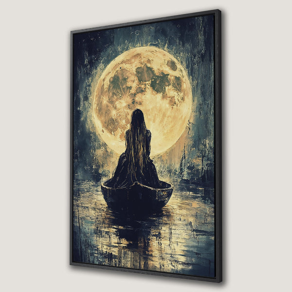 Framed Wall Art: Serene painting of a woman in a boat under a full moon. Moody, impressionistic style with a dark blue and gold color palette. Perfect wall decor.
