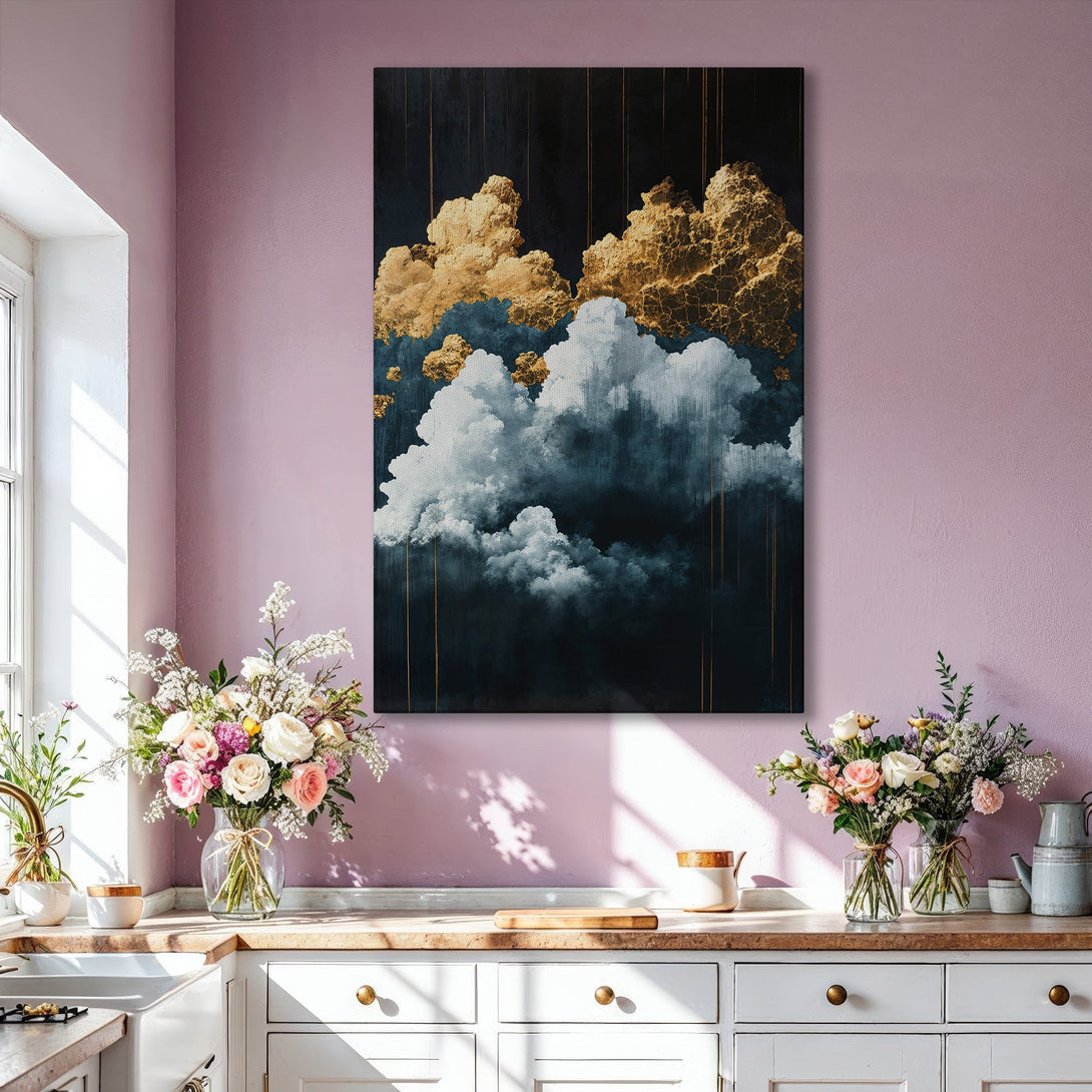 Framed Wall Art: Abstract cloud painting in gold, white, and navy blue. Modern art Canvas Print adds elegance to any interior. Shop now!