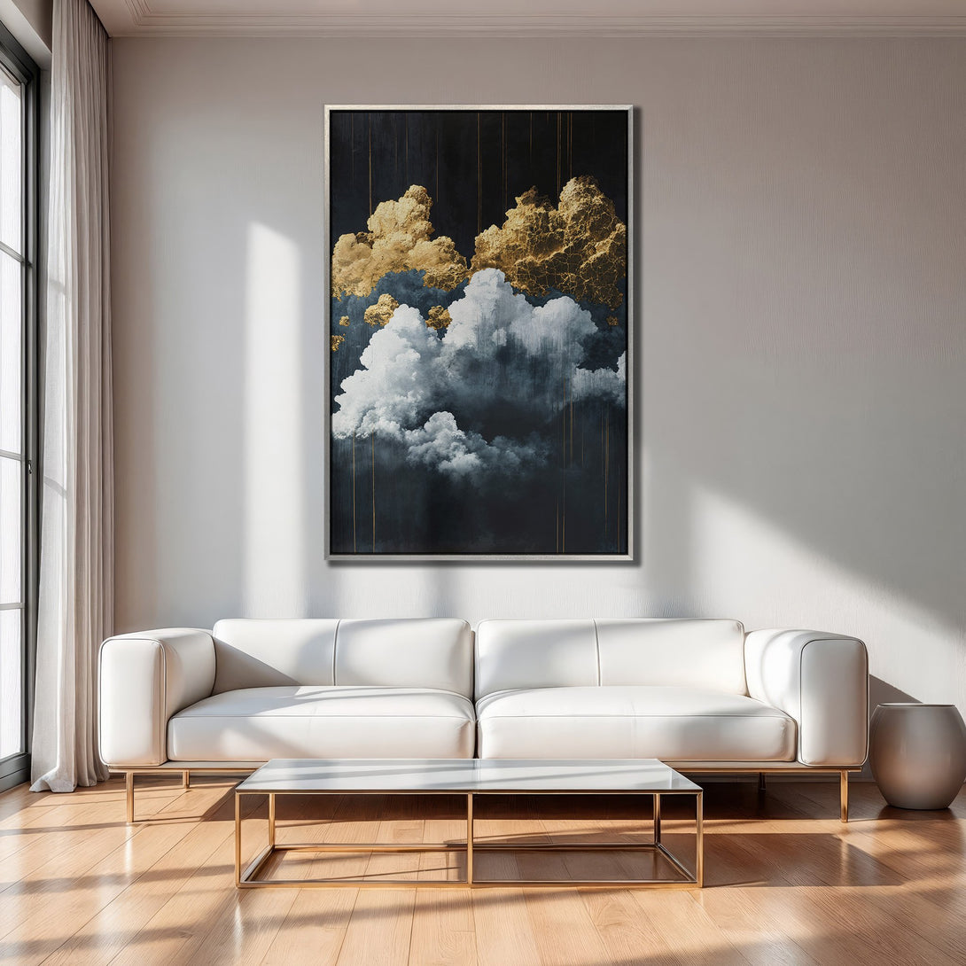 Framed Wall Art featuring abstract cloud art in gold, white, and navy, adding a touch of elegance to this modern interior.