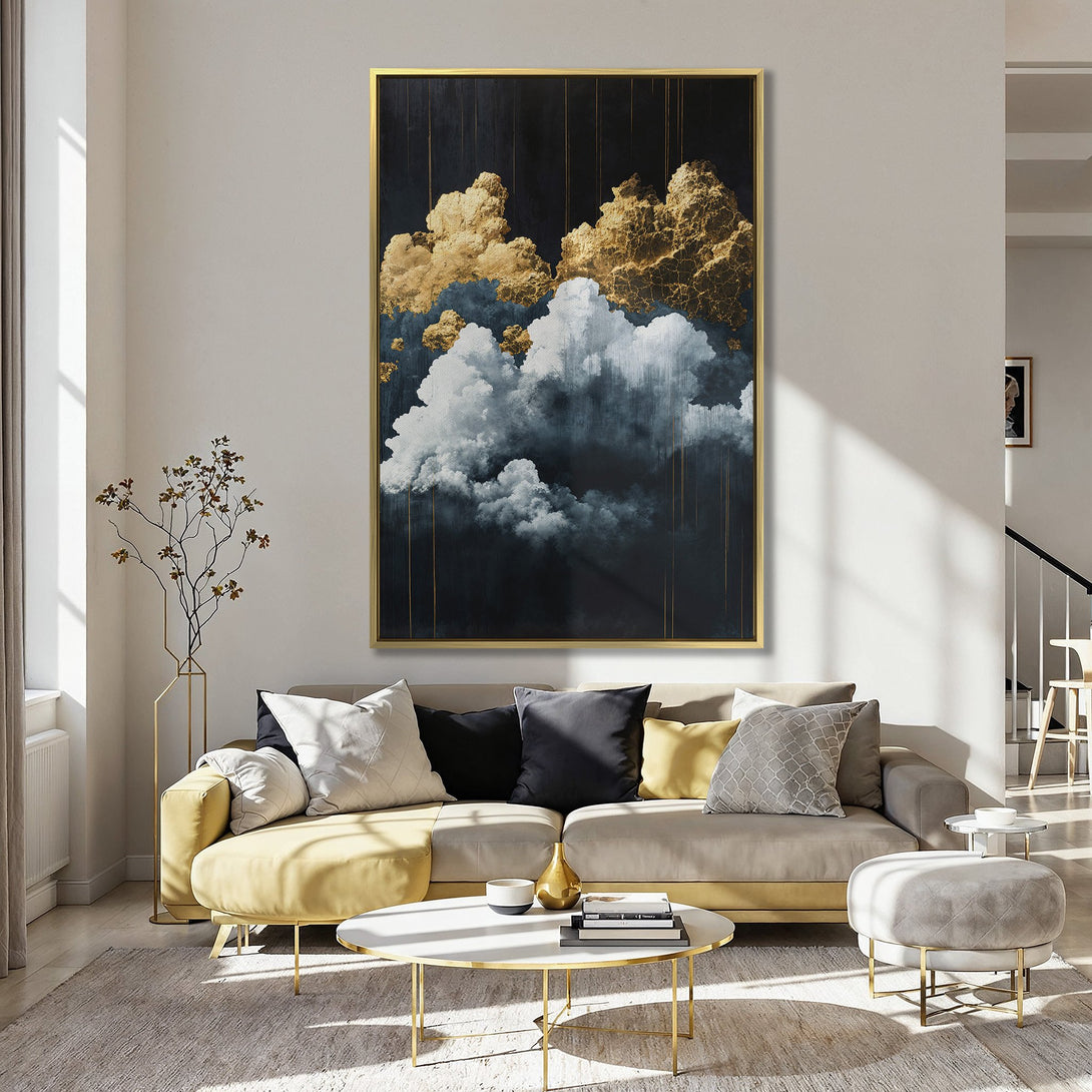 Abstract cloud Canvas Print in gold, white, and navy. Modern art style, perfect for adding elegance to any space.