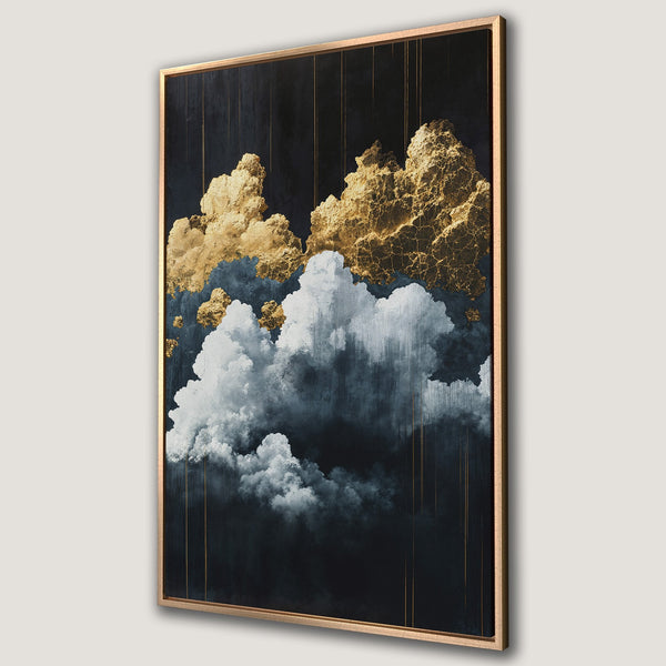 Framed Wall Art featuring abstract clouds in gold and dark blue. Modern canvas print perfect for adding a touch of luxury to any space.