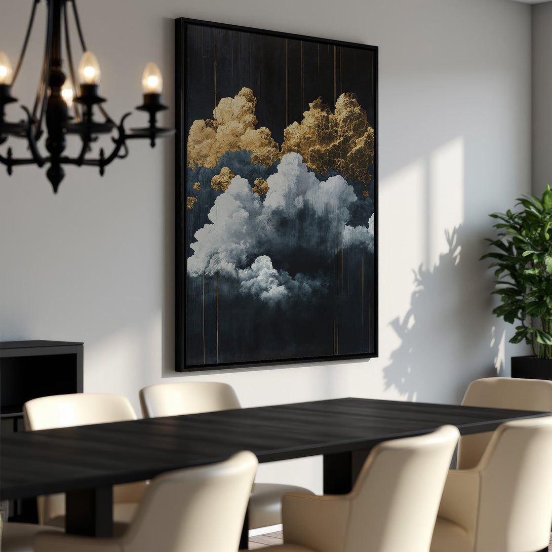 Framed Wall Art: Abstract cloud painting in gold, white, and navy blue. Modern art canvas print for dining room decor. Shop now!
