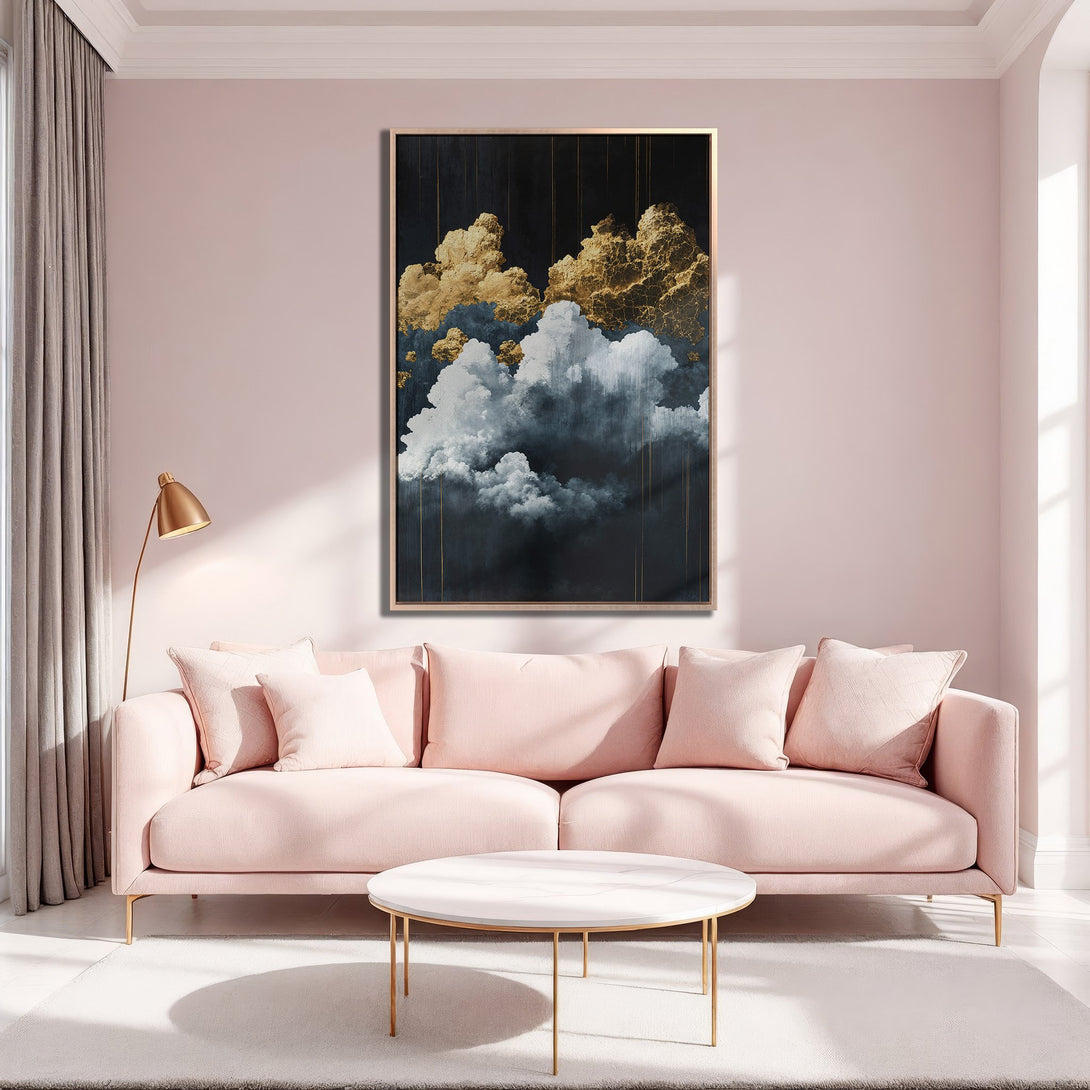 Framed Wall Art featuring abstract clouds in gold, white, and navy blue. Modern art for a stylish living room. Shop our Canvas Print collection!
