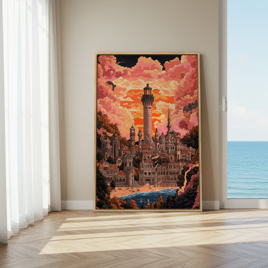 Framed Wall Art: Whimsical lighthouse & city scene in warm orange & pink tones. Perfect art for coastal decor. Add a touch of fantasy to your space.