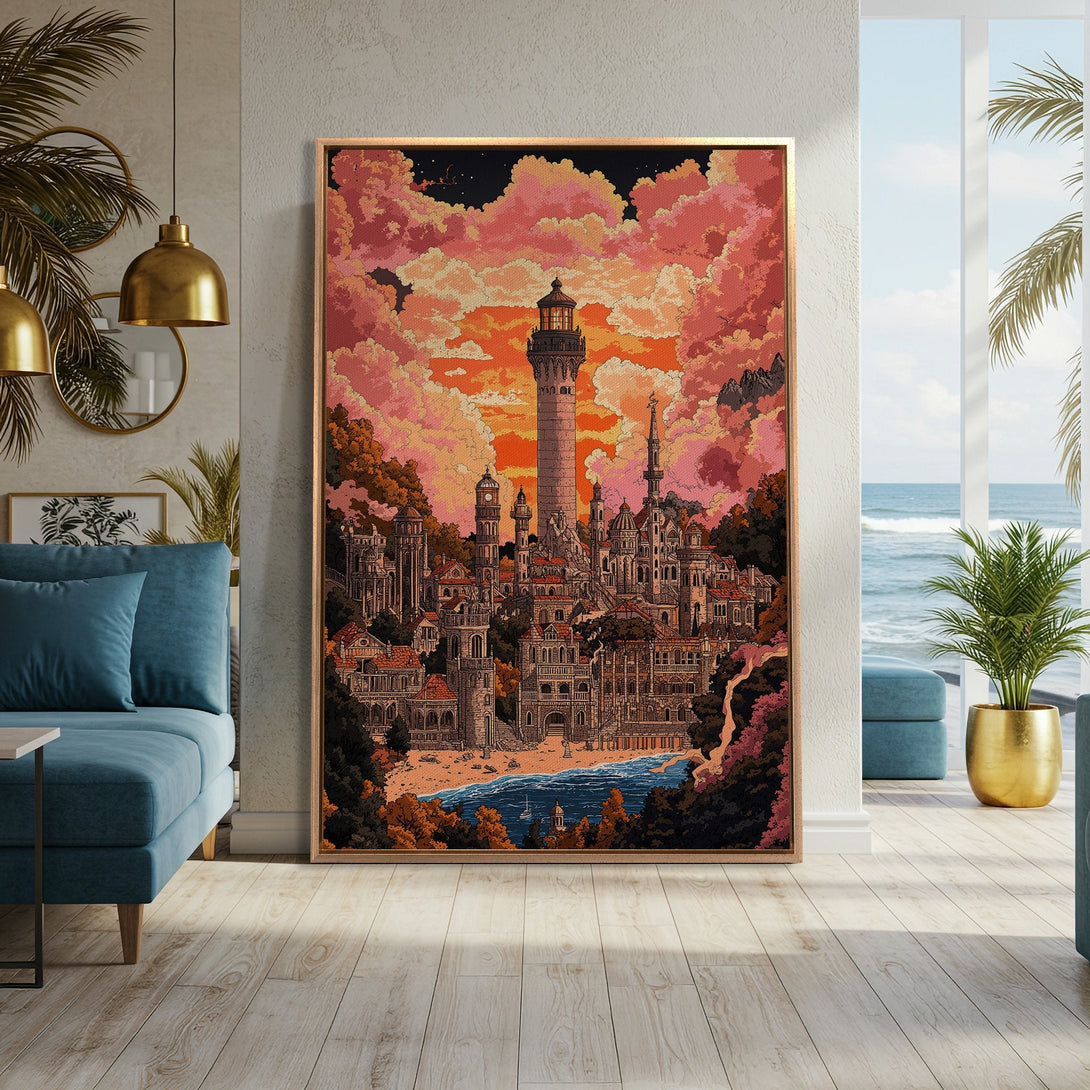 Framed Wall Art: Whimsical city scene Canvas Print in warm sunset hues. Perfect for adding a touch of fantasy and color to your living space. Shop now!