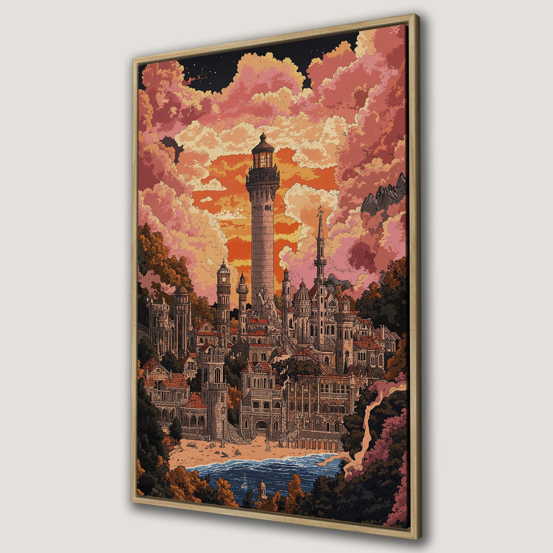 Framed Wall Art featuring a fantastical city with a lighthouse, in a pixel art style. Warm, sunset color palette with pink, orange, and brown tones. Perfect wall decor!