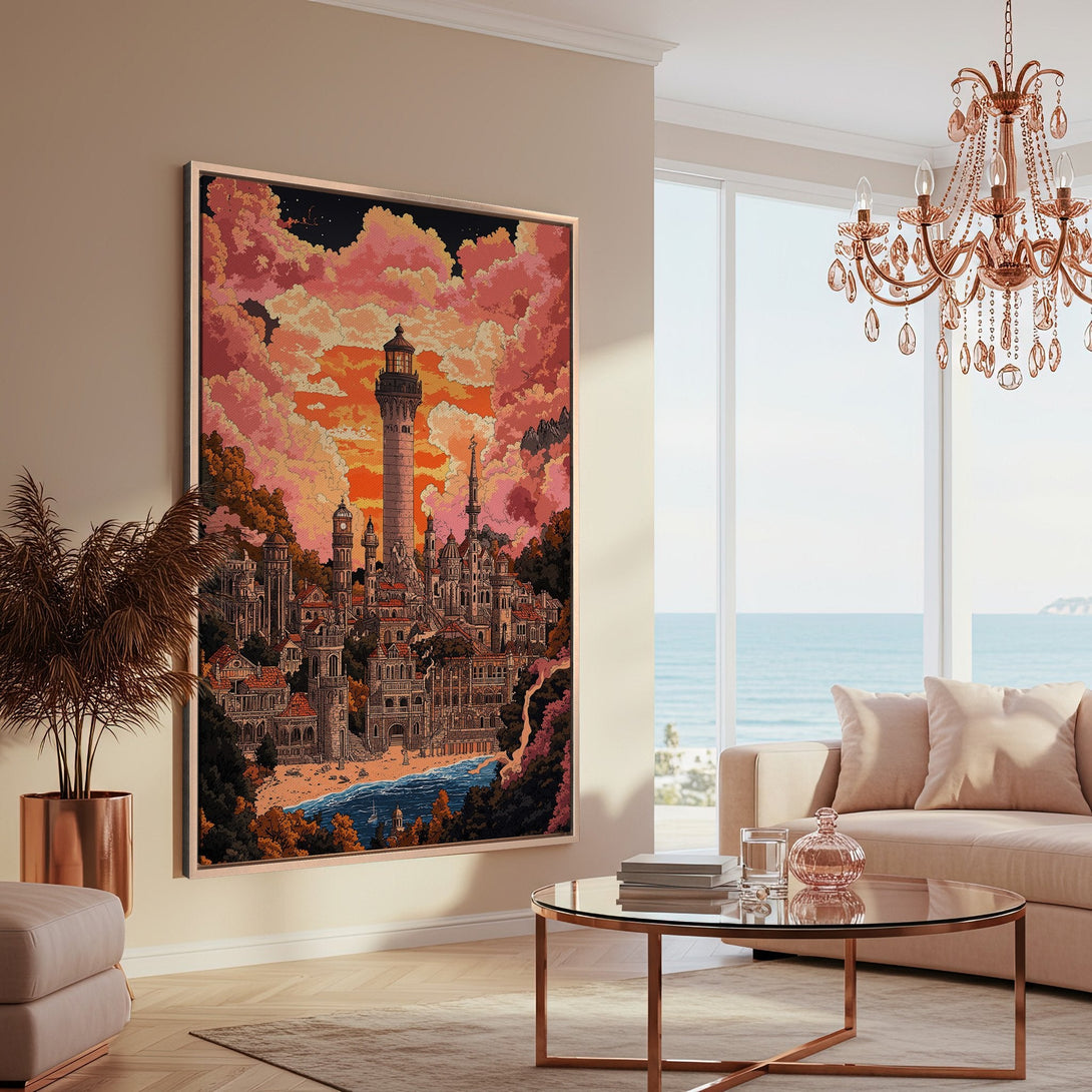 Framed Wall Art featuring a whimsical cityscape with a lighthouse, warm sunset color palette. Perfect for adding art to your home!