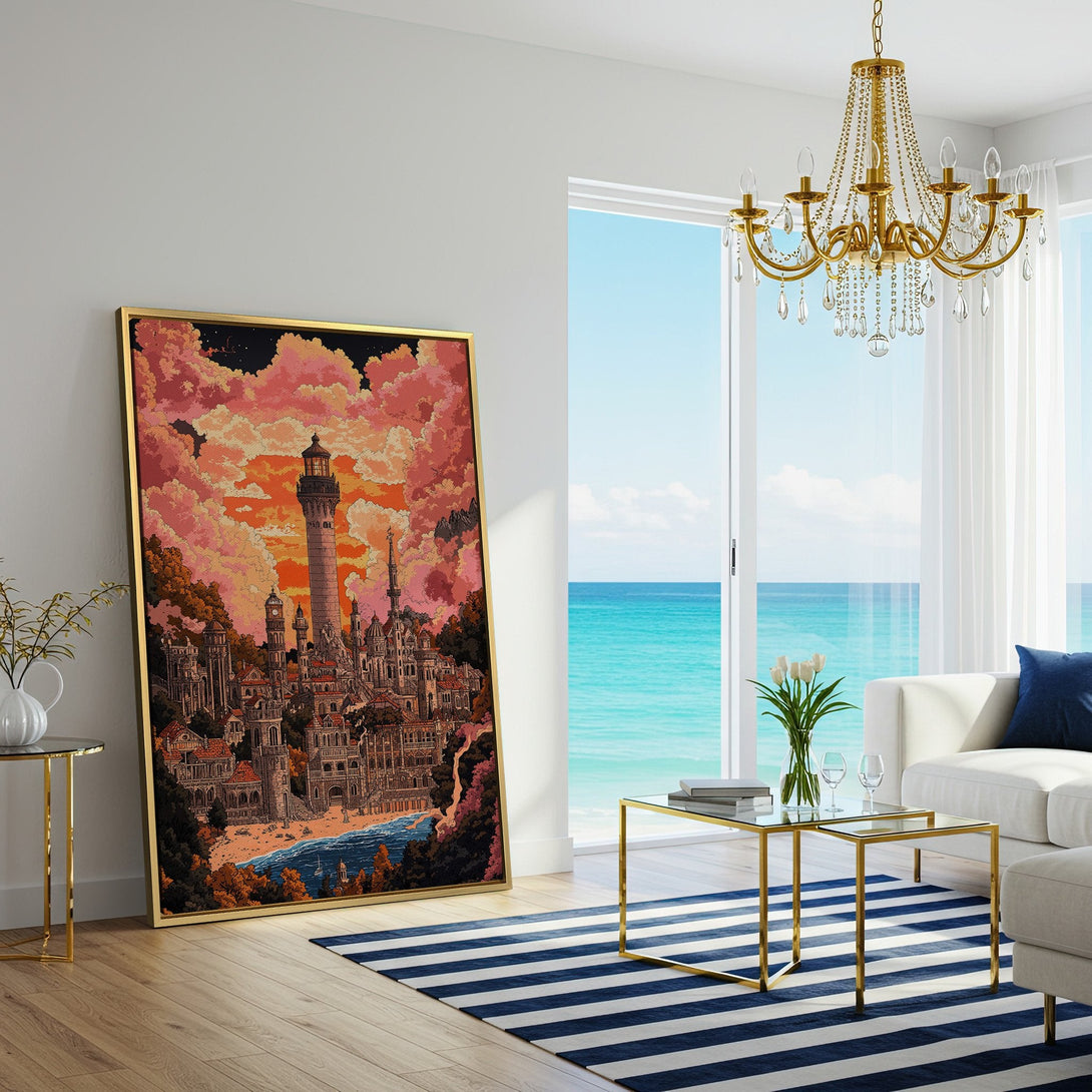 Canvas Print of a fantasy city with a lighthouse, in a warm, sunset color palette. Perfect wall art for a cozy living room.