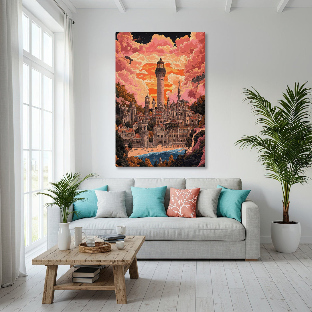 Framed Wall Art of a coastal city scene in warm sunset hues. Add a touch of art to your home!