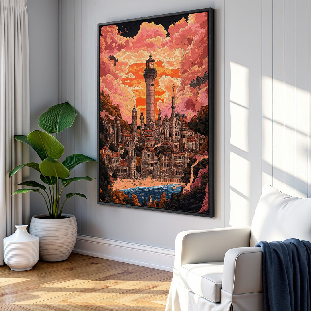 Framed Wall Art: Lighthouse and fantasy city Canvas Print in warm sunset tones. Perfect for adding a touch of whimsical art to your living space.
