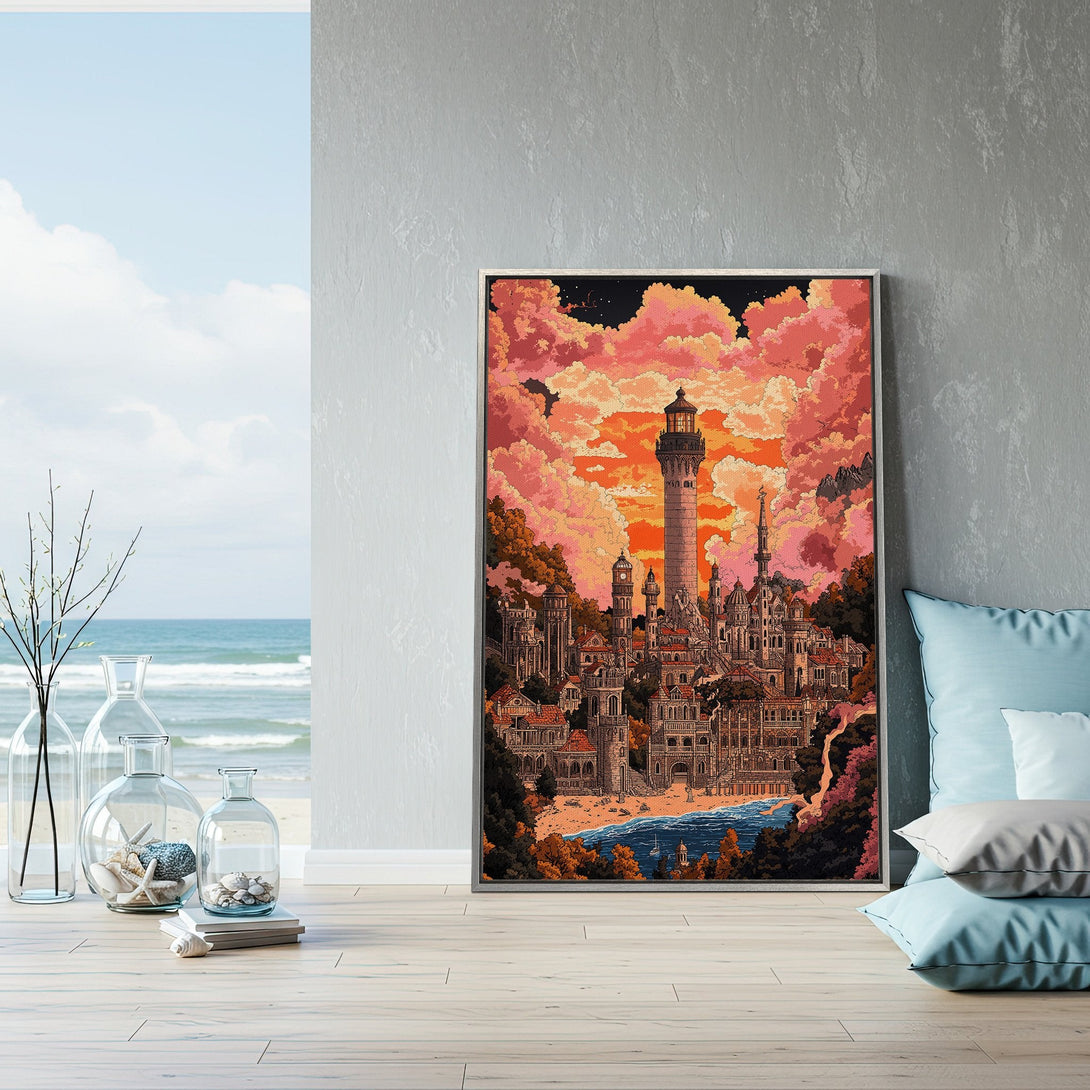 Framed Wall Art featuring a whimsical coastal town scene with a warm, sunset color palette. Perfect for adding a touch of fantasy to your home decor!