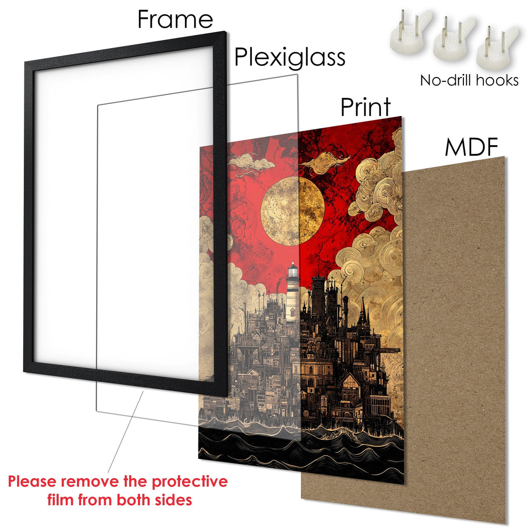 Framed Poster featuring a steampunk cityscape with red and gold accents. Unique art print for home decor.