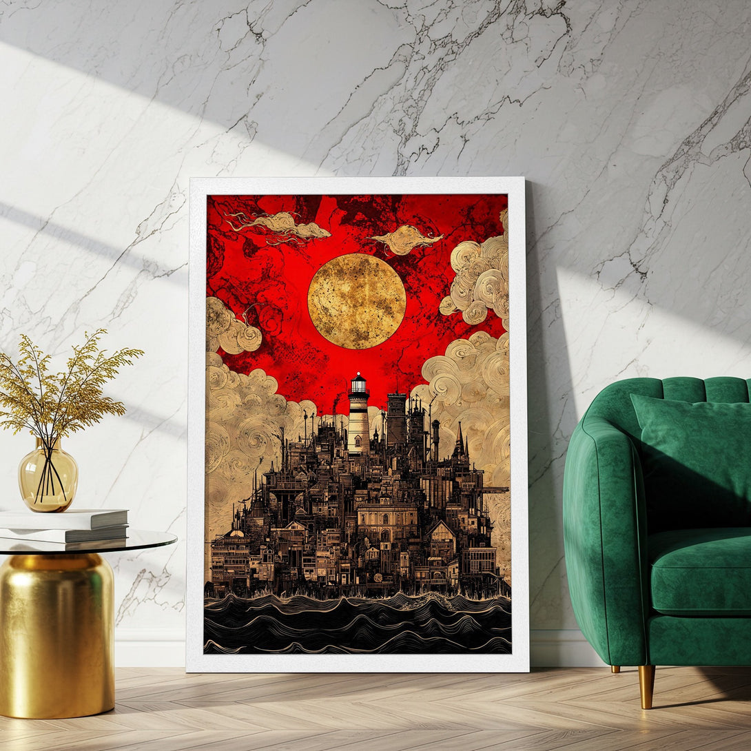 Framed Poster featuring a cityscape with a red and gold color palette. Unique art print for stylish home decor.