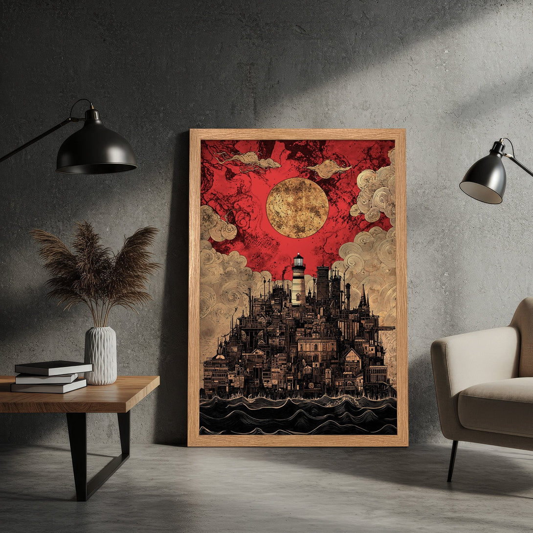 Framed Poster featuring a detailed city illustration with a red and gold color palette. Perfect wall art for a modern home.