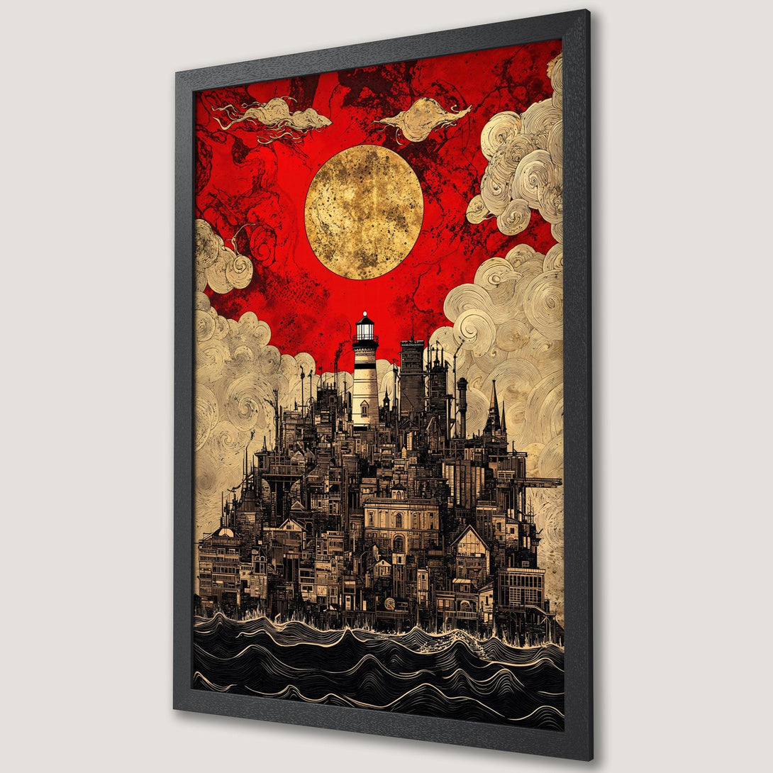 Framed Poster of a cityscape with a red and gold sky. Unique art print with a vintage style and a striking color palette.