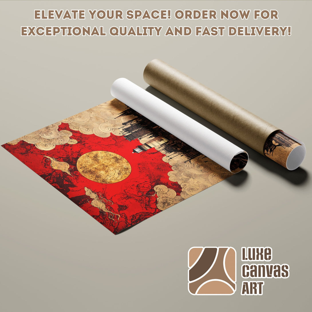 Poster Roll featuring a red and gold abstract design. Elevate your space with Luxe Canvas Art.